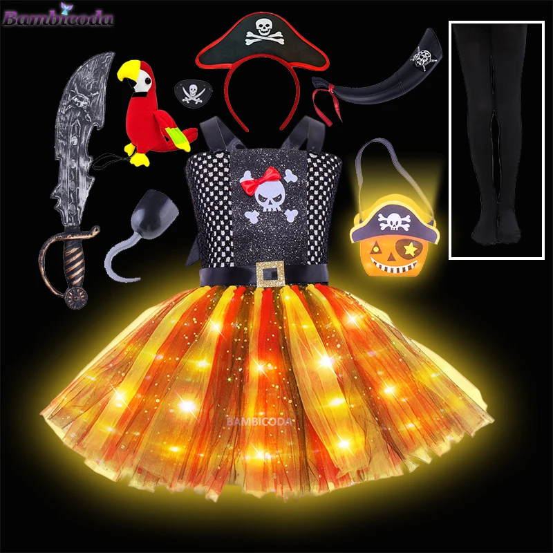 

Girls Pirate Led Lighting Costume Fantasia Infantil Captain Cos Clothing Children Birthday Party Fancy Dress Halloween Costumes