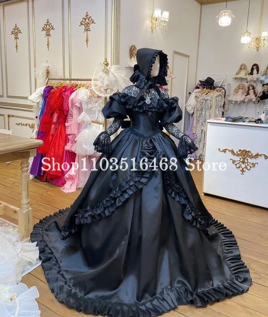 Vintage Black Punk Gothic Prom Dress High Neck Lace Satin Applique Long Sleeve Victorian Southern Civil War فساتين حفلة موسيقية