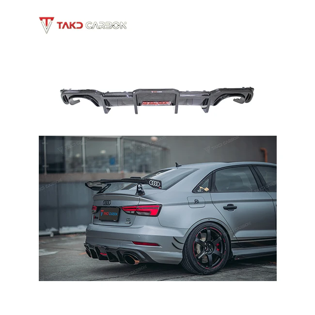 TAKD Exterior Accessories Dry Carbon Fiber Rear Bumper Lip Diffuser With Led Light For audis RS3 Sedan 2017-2019