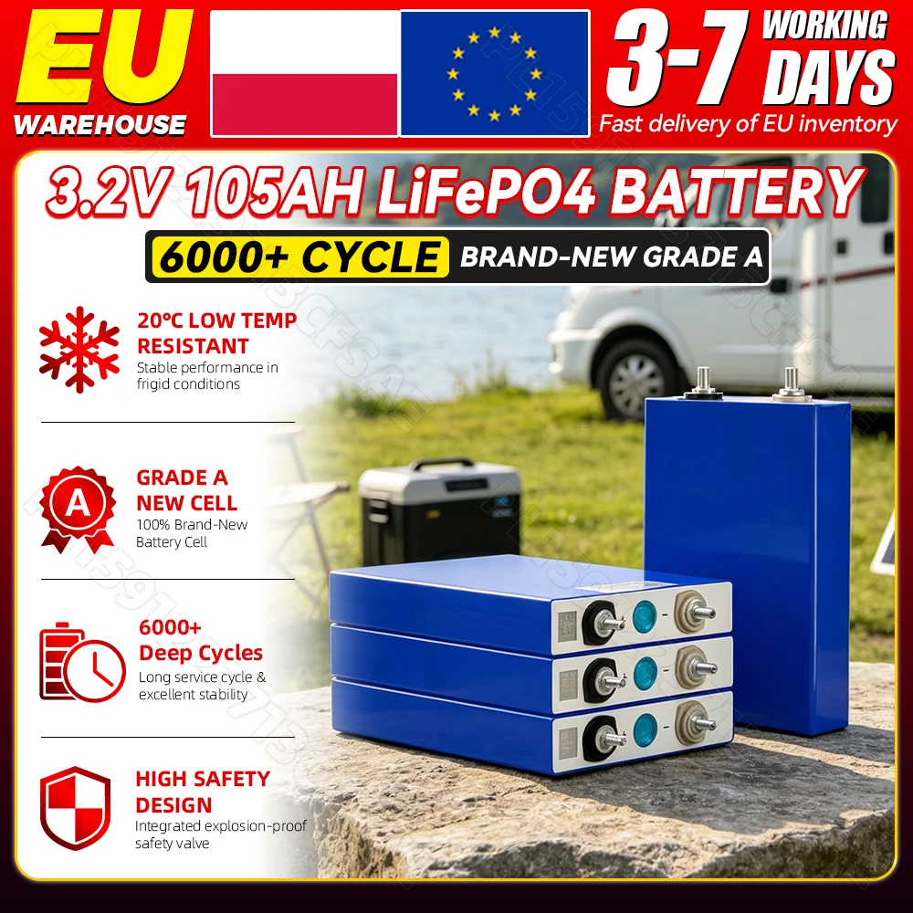 Image of 105Ah 3,2V 6000 Zyklen LiFePO4-Batterie mit Busbar DIY 12V 24V 48V Solarzelle für Camping, Gabelstapler, Golfwagen