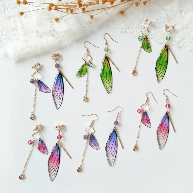 Temperament Fairy Long earrings Butterfly Wings Drop Earrings Dreamy Gradient Color Asymmetric Earrings Romantic Bridal Jewelry