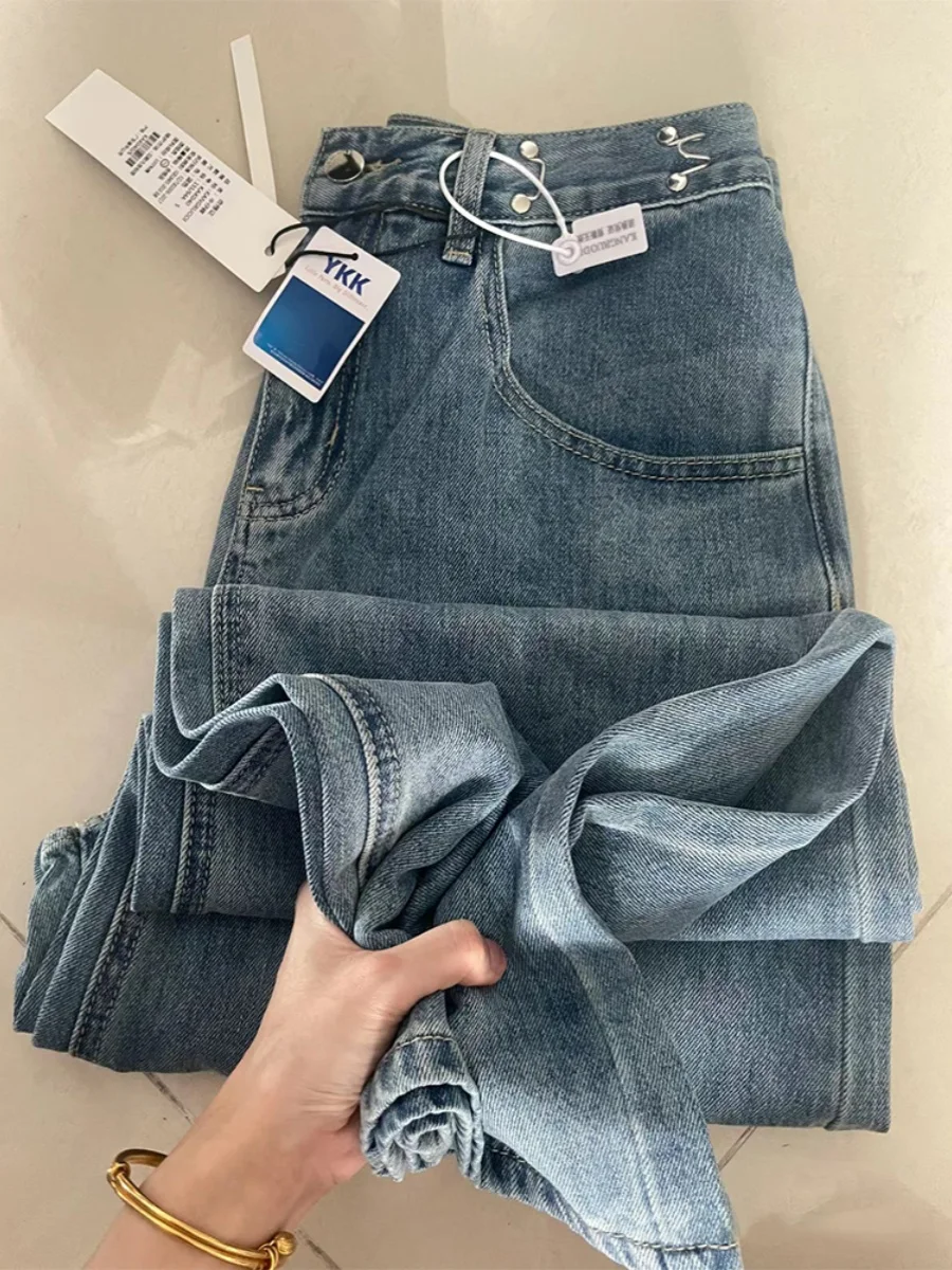 

Широкие джинсы с высокой талией в стиле ретро, женские прямые свободные брюки, осенние новые утягивающие универсальные джинсовые брюки больших размеров с высокой талией