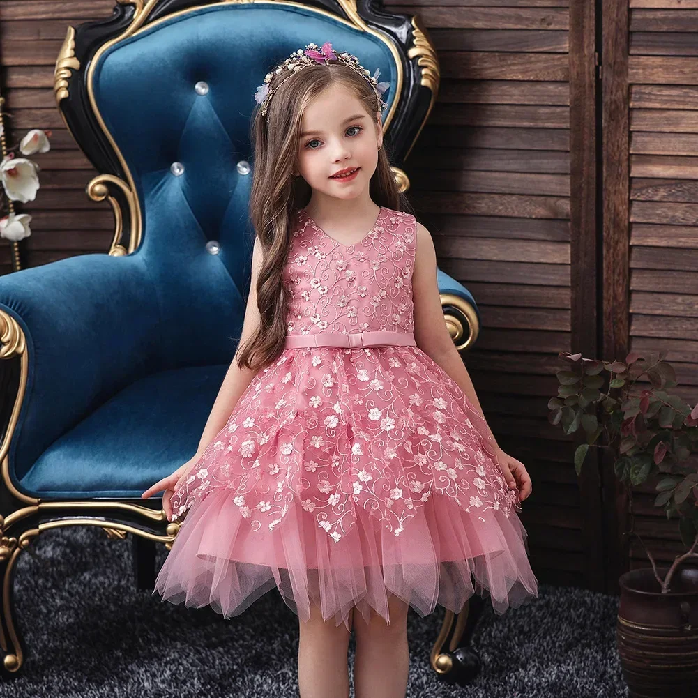 It's YiiYa Flower Girl Dresses For Girls V-neck Elegant Kids Party Gowns Appliques Bow Short Wedding Communion Dress 190