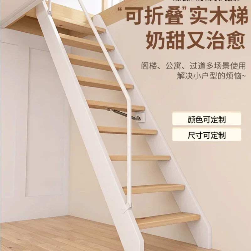 

Integral attic solid wood folding stairs household indoor invisible wall-attached shrinkable wall-mounted telescopic ladder