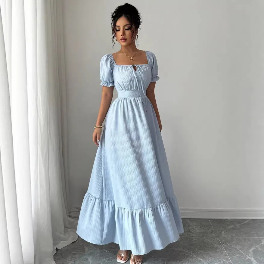 2026 Spring Women's Fresh And Elegant Tie-neck Square-neck Dress With A Youthful Touch, Backless And Ruffle-sleeve French