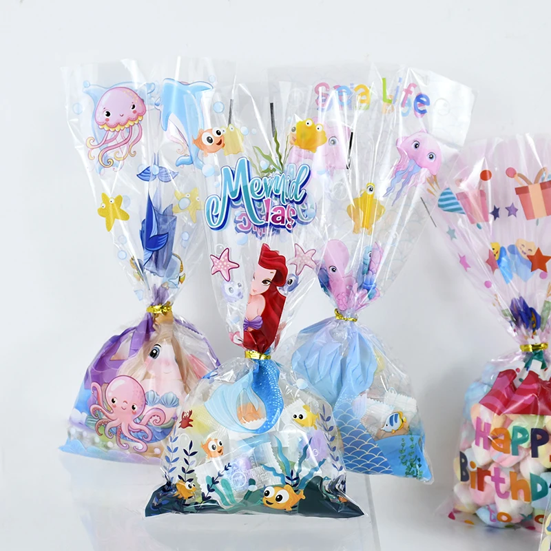 50Pcs Mermaid Plastic Candy Bag Animal Snack Biscuit Gift Package Bags Happy Birthday Decoration Baby Shower Favor Supplies