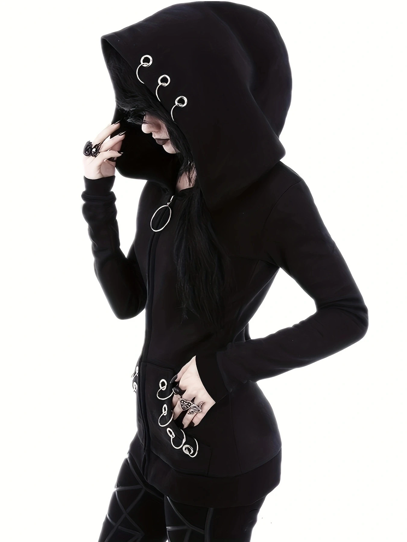 Gothic Punk Womens Full-Zip Hooded Sweatshirt - Allure-Enhancing Long Sleeves, Timeless Solid Black, Fashion-Forward Design - Em