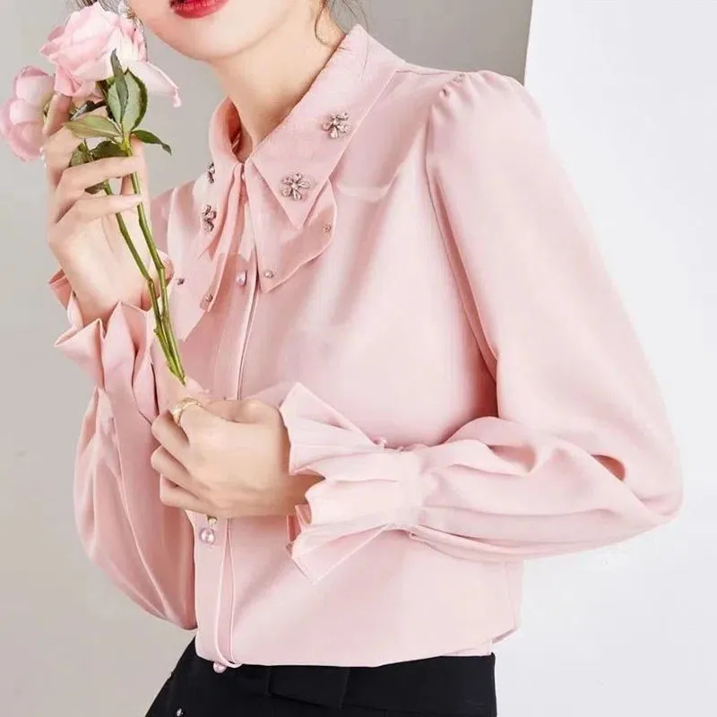 Elegant Solid Color Beading Chiffon Butterfly Sleeve Shirt Women\'s Clothing 2023 Spring New Casual Tops Office Lady Blouse