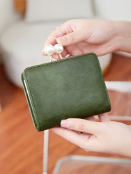 Women's Wallet Short Compact Three Layer LargeCapacity Retro Pearl Wallet High QualityPU Leather Multi Card Seat/Coin ZeroWallet