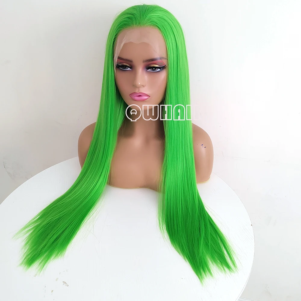 QW Synthetic Hair Light Green Straight  13X4 Lace Front Wigs for Women  Frontal Wigs  Glueless Heat Resistant Fiber Cosplay