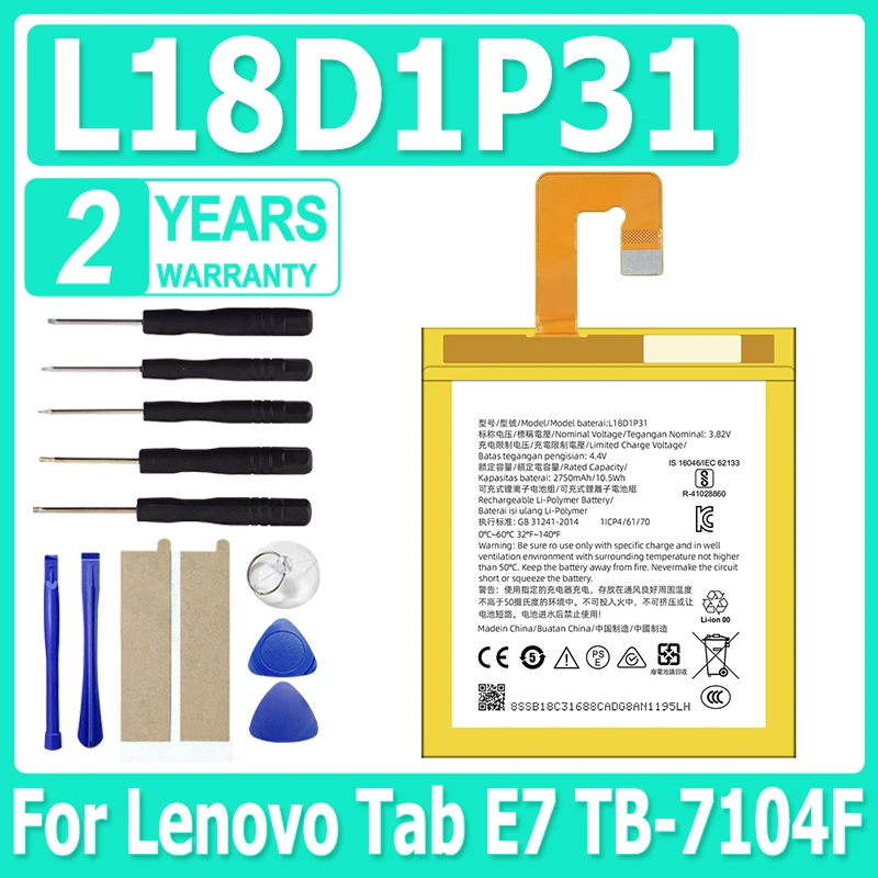 

New L18D1P31 Replacement Battery L18D1P31 2750mAh For Lenovo Tab E7 TB-7104F Tablet Battery + Free Tools