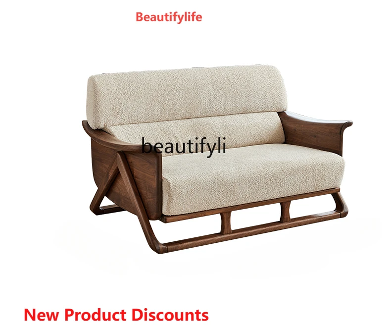 

X188 Black Walnut Wooden Sofa Nordic Simple Cream Color Living Room Italian Solid Wood Cloth Craft Sofa Three-Person Combinatio