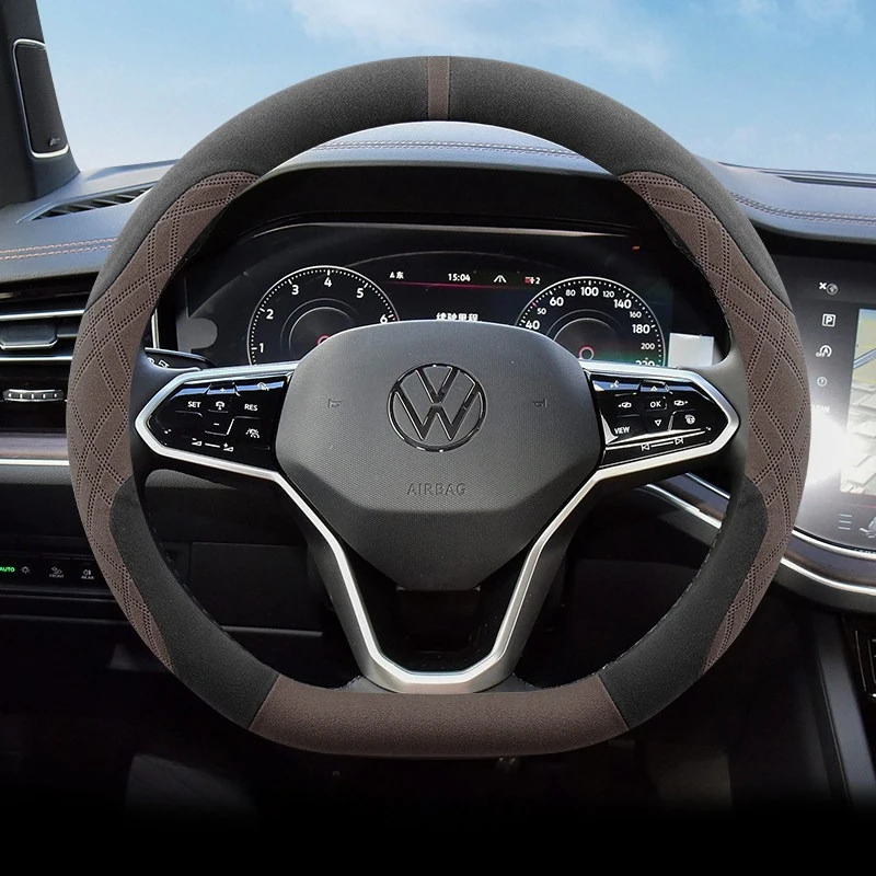 For Volkswagen Suede Steering Wheel Cover Golf Tiguan T‑Roc Passat Polo Touareg Arteon ID.3 ID.4 2022 2023 2024 2025 Accessories
