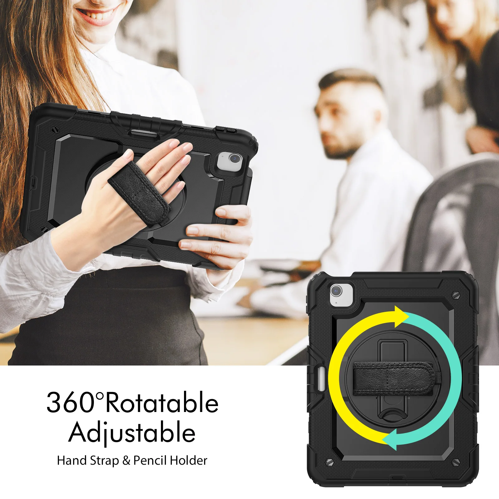 Tablet Case for iPad A16 11th Air 11 M3 M4 Pro 13 M5 10.2 12.9 Shockproof Case with Screen Protector 360° Rotating Hand Strap