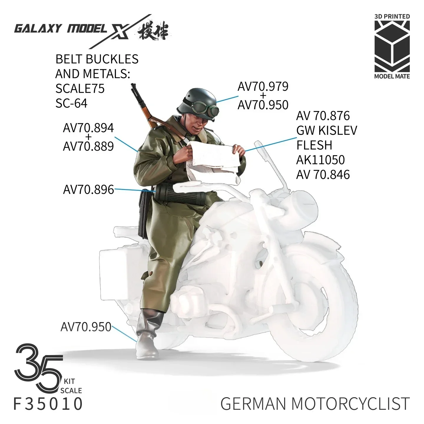 Galaxy F35010 1/35 German Motorcycle Rider, 3D Printed Resin Figure for Military Diorama Hobby Model