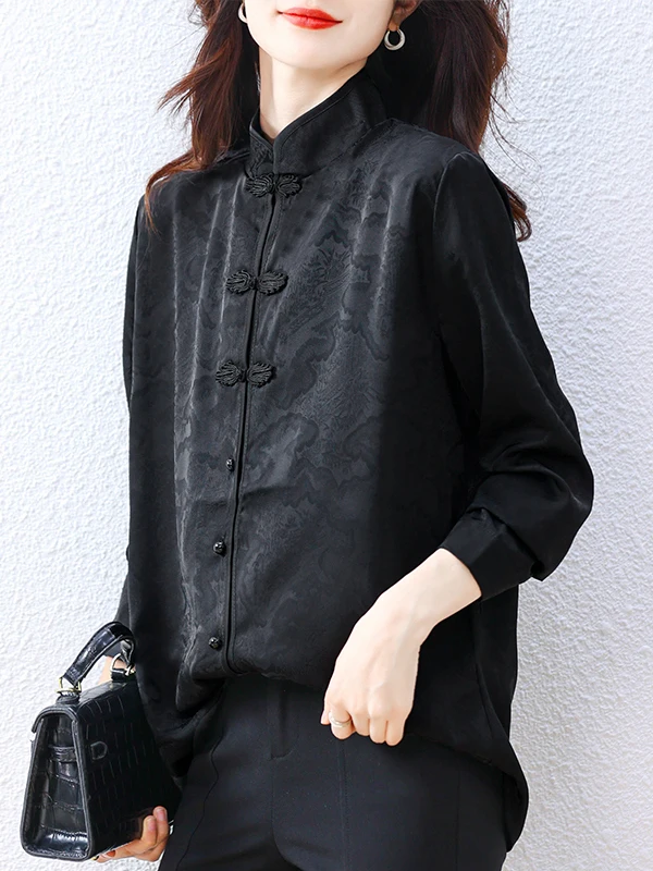 Ele Bla Long Sve Acetate Crepe besticktes irt Damen Frühling Herbst New Sle Chinese Trendy Faion Top