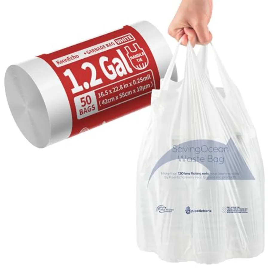 

Small Trash Bags with Handles - Ocean Plastic Upcycling - Plastic Garbage Bags, Can Bin and Waste Basket Liner for Kitchen, Bat