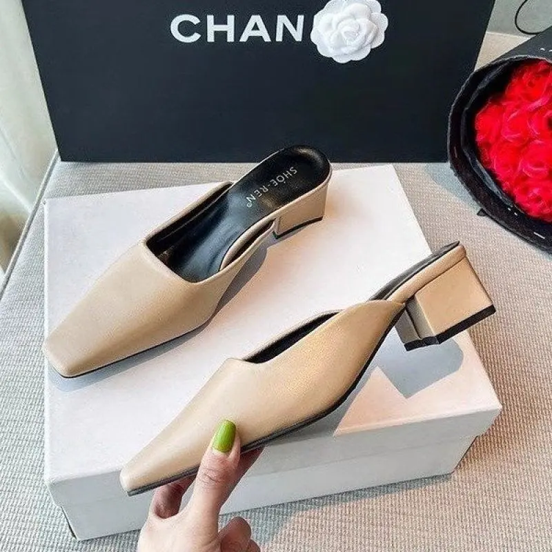 

2024 Ladies Mules Shoes Middle Heels Slides New Fashion Square Toe Shallow Female Sandals Ladies Outdoor Slippers Women Pumps 40