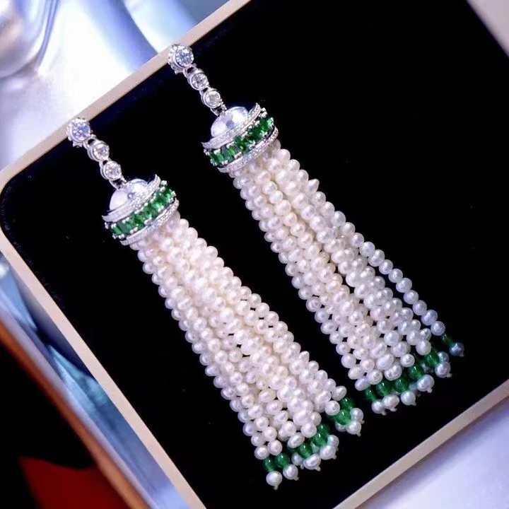 Natural Fresh Water Pearl Earrings Tassle Style For Women Fine Jewelry 925Sterling Silver With Cubic Zircon Free Shipping