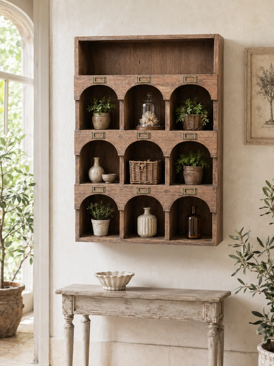 Handmade Rustic Solid Wood Wall Cabinet 9-Cubby Display Shelf Vintage Tabletop Organizer for Home Garden Decor