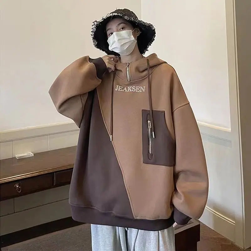 Original autumn new design half zip sweatshirt men hooded American retro trendy brand jacket niche couple wear top sweatshirt