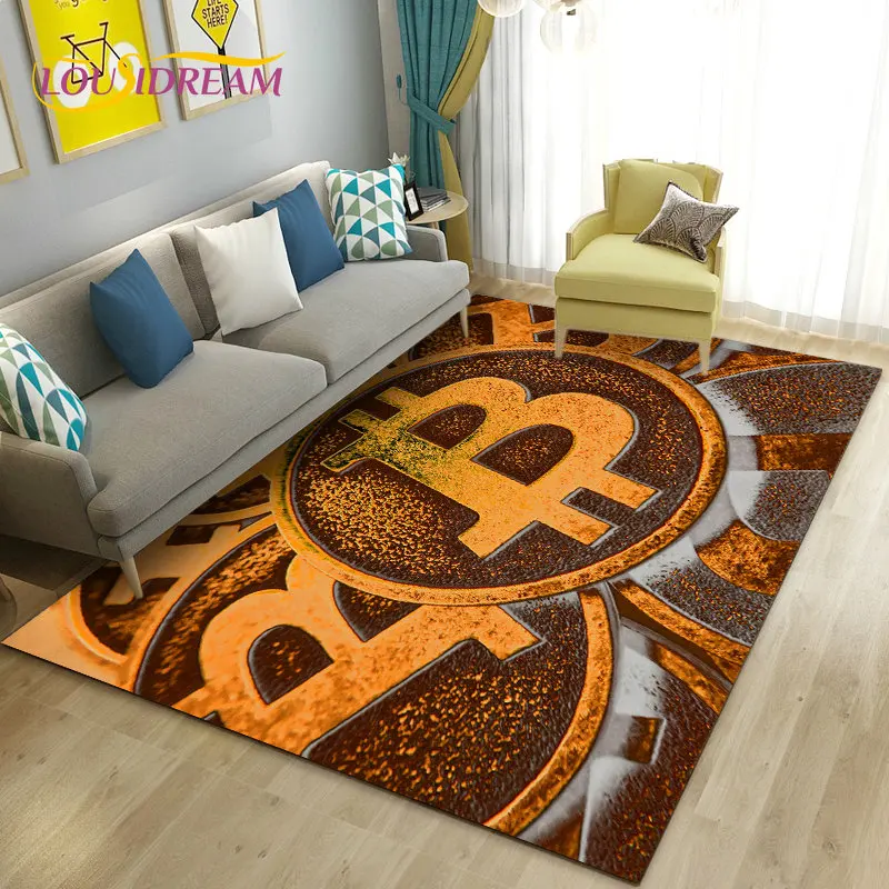 3D Bitcoin Area Rug Large,Carpet Rug for Living Room Bedroom Sofa Kitchen Doormat Decoration,Children Play Non-slip Floor Mat