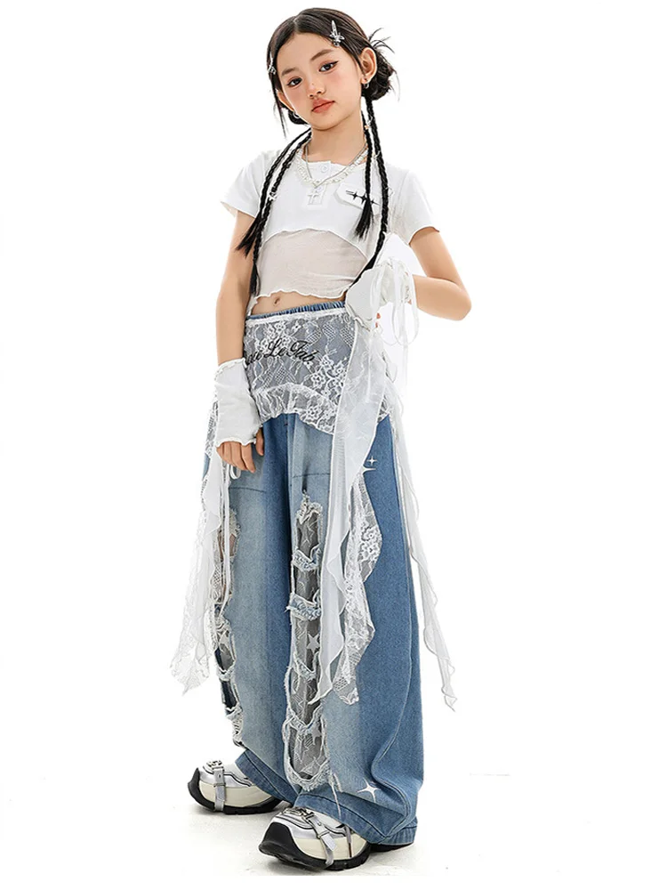 Koreanische Jazz Dance Band Cropped Top Straße Sheer Patchwork Kurzarm T Denim Hosen für Mädchen Kind Hip Hop Dance Tragen Kostüm