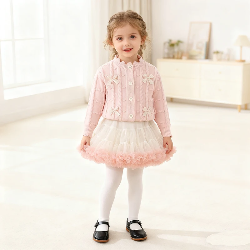 2026 Spring 2-6Yrs Children Knitted Clothes Set Baby Girl Knitted Clothes Suit Long Sleeved Knitted Cardigan Sweater+Short Skirt