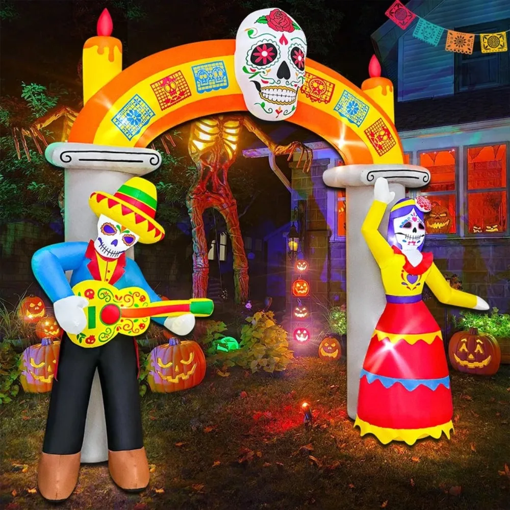 Mexican Day of the Dead Sugar Skull Arch Inflatable Ornament Holiday Lighting Outdoor Scene Decor