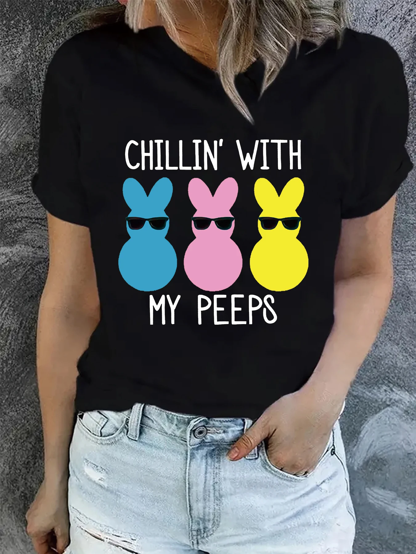 2024 Three cartoon rabbits Graphic Funny T-Shirt Women Summer Fashion Harajuku Casual Round Neck Short sleeve My Peeps tops tee