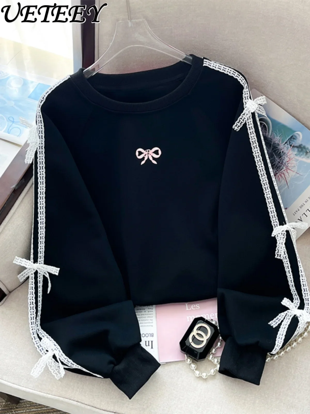 

Solid Color Sweet Girls Versatile Sweatshirts Women's Spring Autumn New Popular Loose Bow Embroidered Short Hoodies Jumper