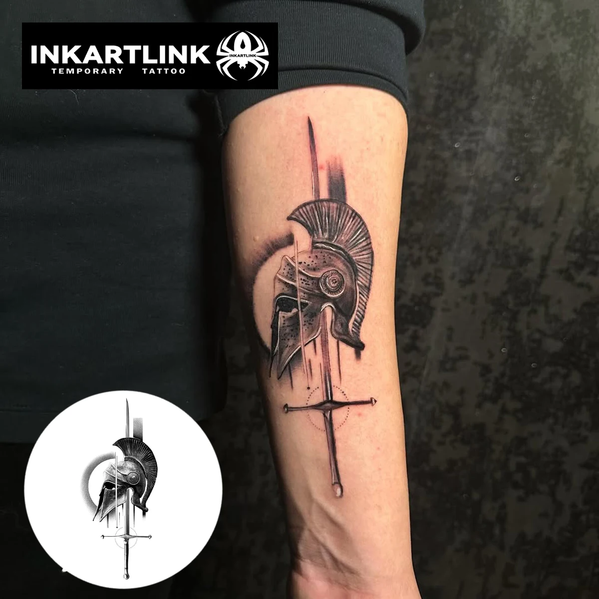 Corinthian Helmet And Sword Temporary Tattoo,Lasts To 15 Days New Technology Magic Waterproof Semi Permanent Sticker,For Party.
