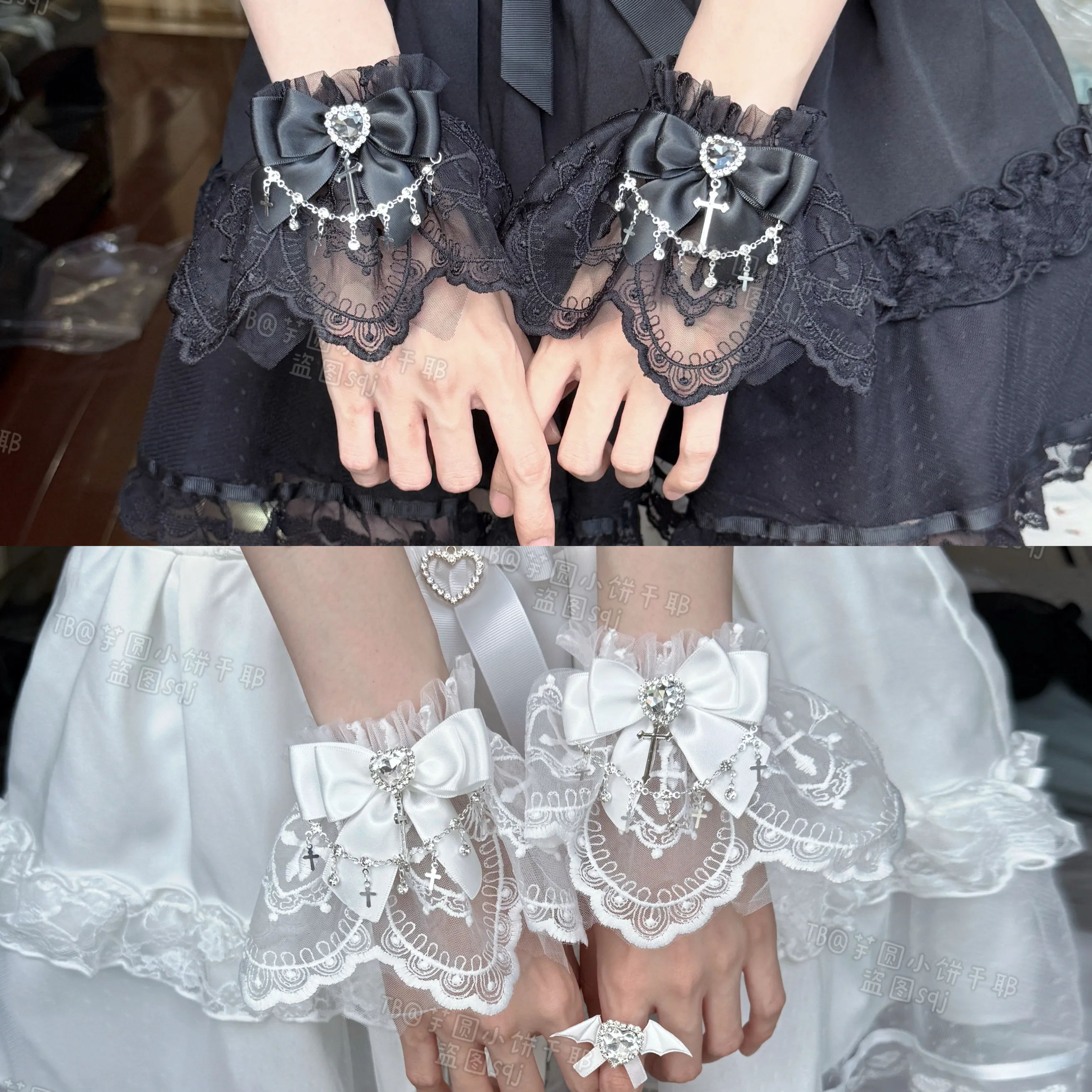 日本製ハンドメイドハンドスリーブ-ロリータ-レイレイ-サブカルチャー-y2k-ゴス-ダークスイート-クール-リボン-ラインストーン-ハンドスリーブ-女性用
