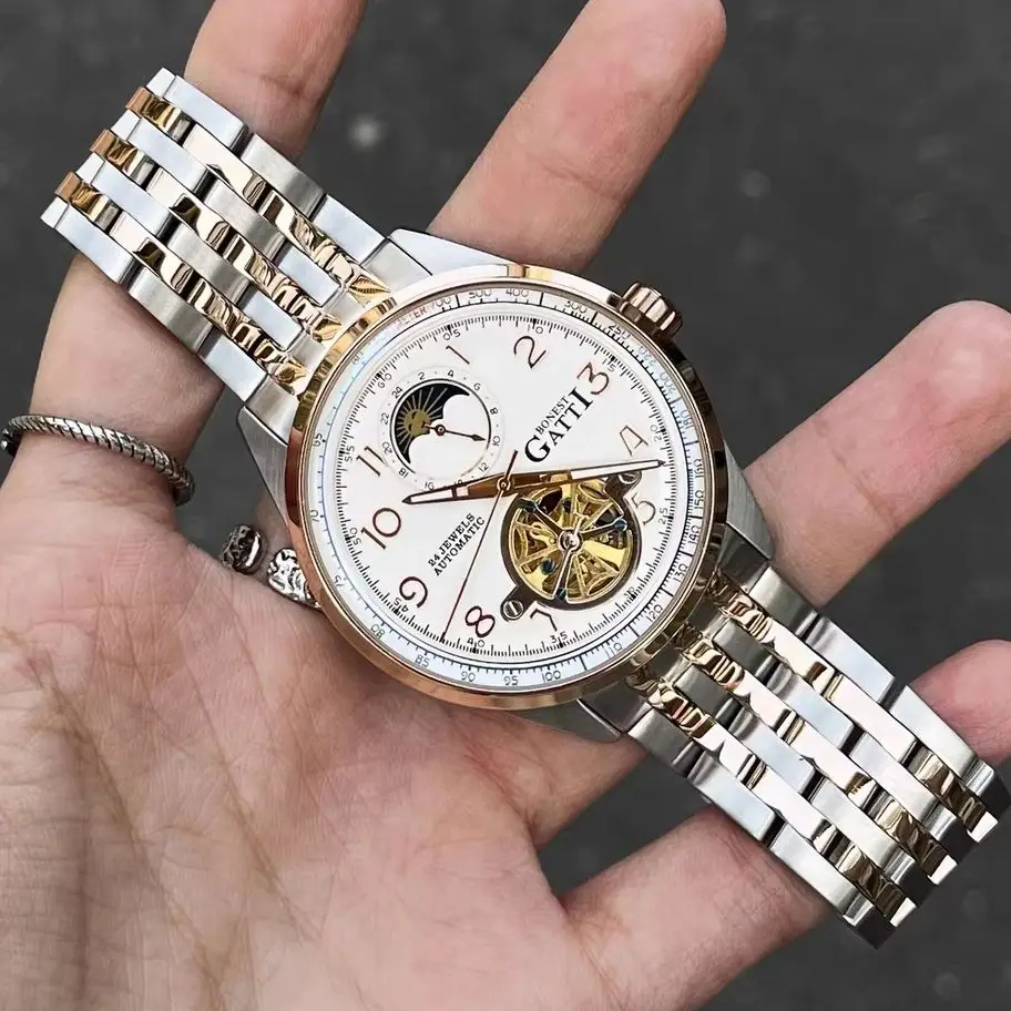 BONEST GATTI Men Automatic Watch 42mm Mechanical Wristwatch Waterproof Sapphire Mirror Luminous Skeleton Flywheel Dial Sun-moon
