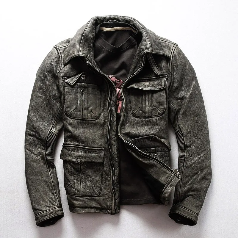 Cowhide leather men's motorcycle stone-washed multi-pocket coat