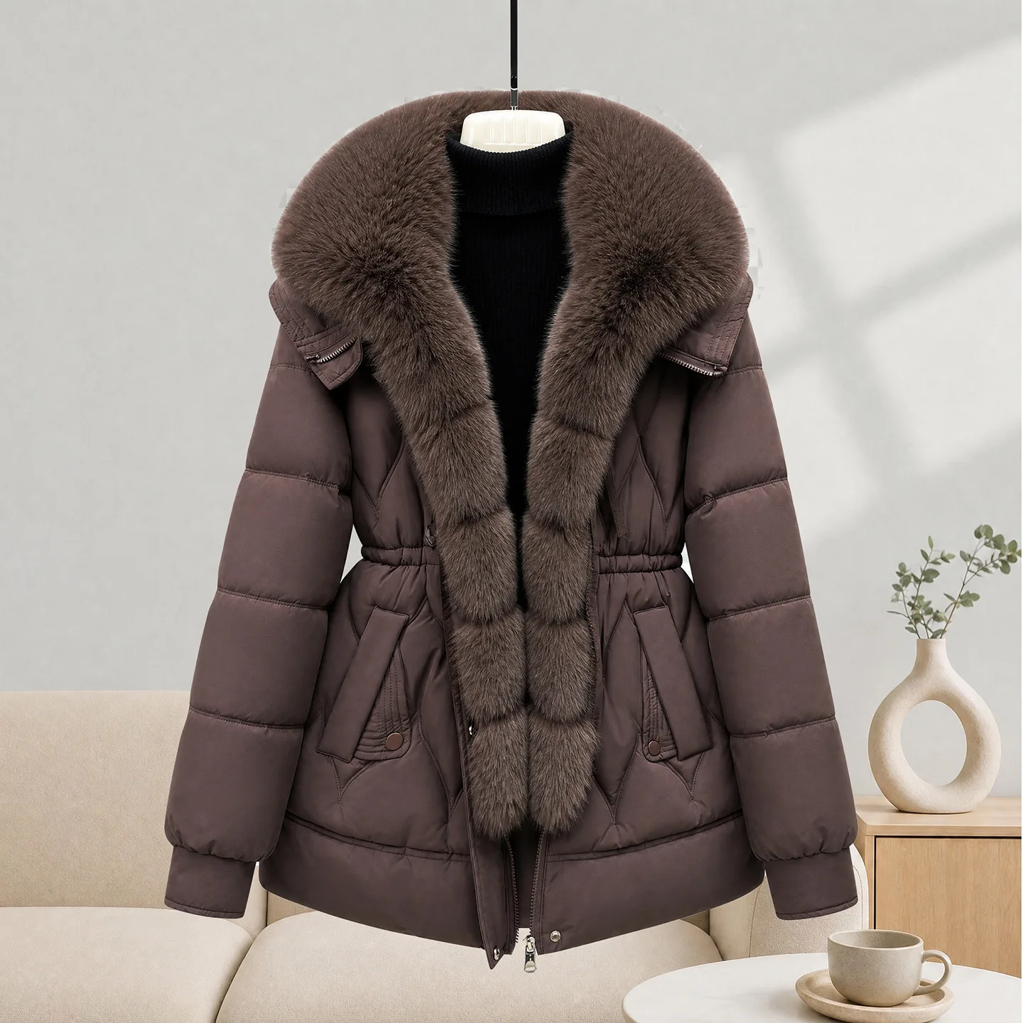 Women Large Fur Collar Warm Mid-Length Down Cotton Jacket 2026 New Winter Coat Fashion Puffer Jacket Female Parkas Outerwear