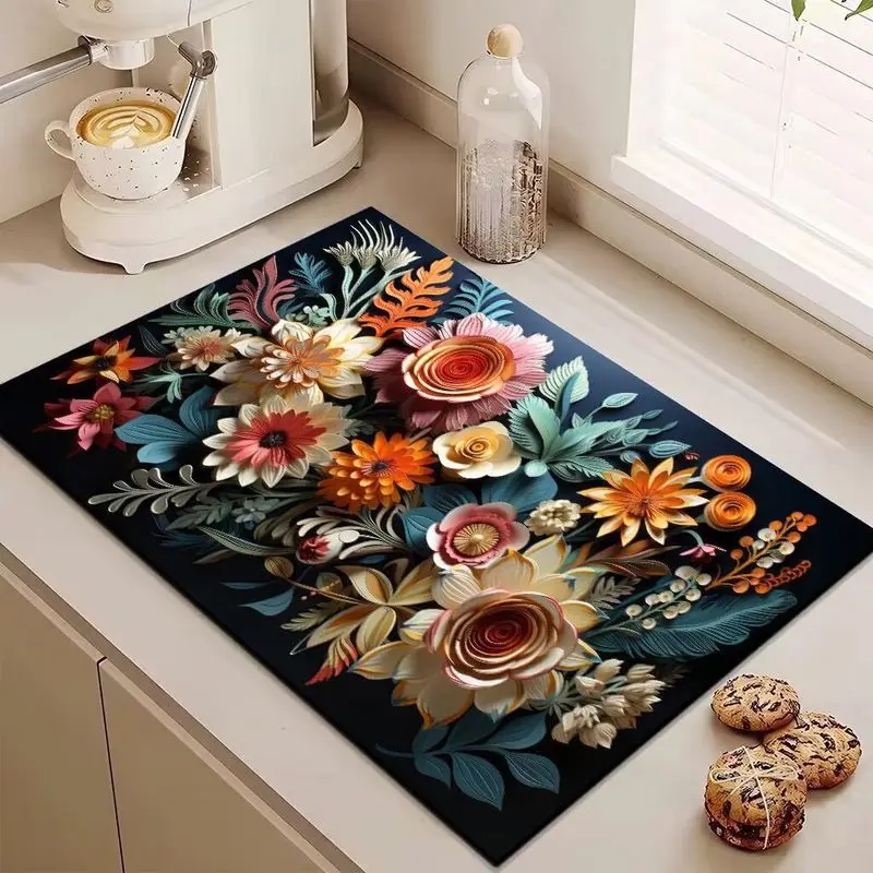 VIKAMA 3D Paper Art Floral Tableware Drainer Mat Absorbent Quick Dry Coffee Maker Mat Non Slip Kitchen Countertop Sink Decor