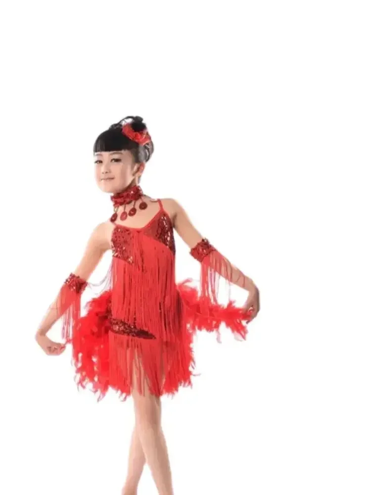 

1set/lot Kids Sequin tassel latin dress Stage Performance Ballroom Dance Costume Latin Dance Dress For Girls