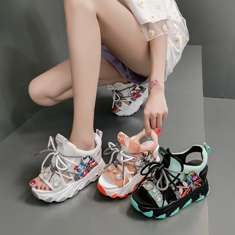 Comemore Leisure Lady Platform Chunky Sandals Mixed Color Shoes Sports Wedge White Sandals Women High Heel Beach Casual Shoes 39