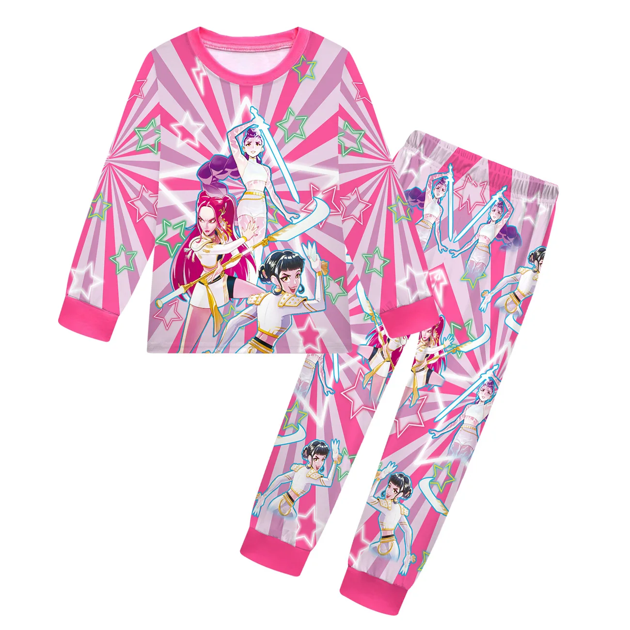 KPop Demon Hunters 2 Buah Atasan dengan Celana Pakaian Tidur Kasual untuk Bayi Perempuan & Remaja Laki-laki Set Piyama Anak Kartun Lengan Panjang Piyama 158