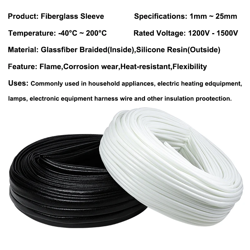 1-20m 200Deg.C Fiberglass Sleeve Silicone Resin Glass Fiber Braided High Temperature Wrap Wire Insulation Protective 1200V/1500V