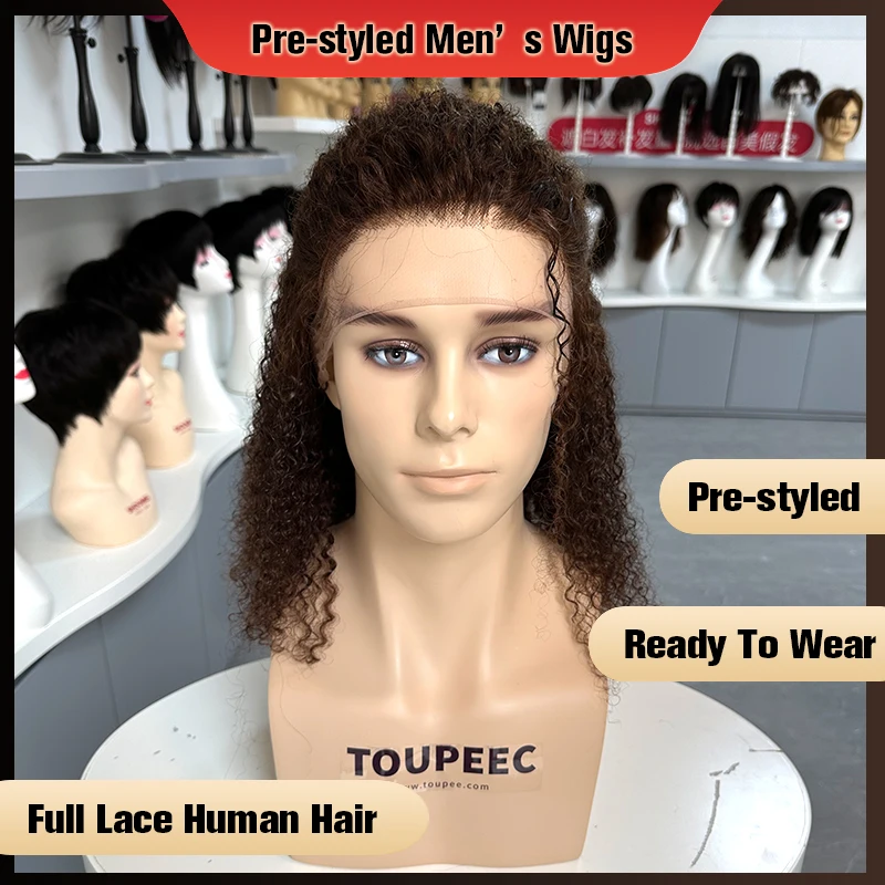 

Pre Styled Male Wig 100% Human Hair Full Lace Wigs For Man Curly Wigs Long Hair Color 4 Toupee Hairpiece System Brazilian Hair