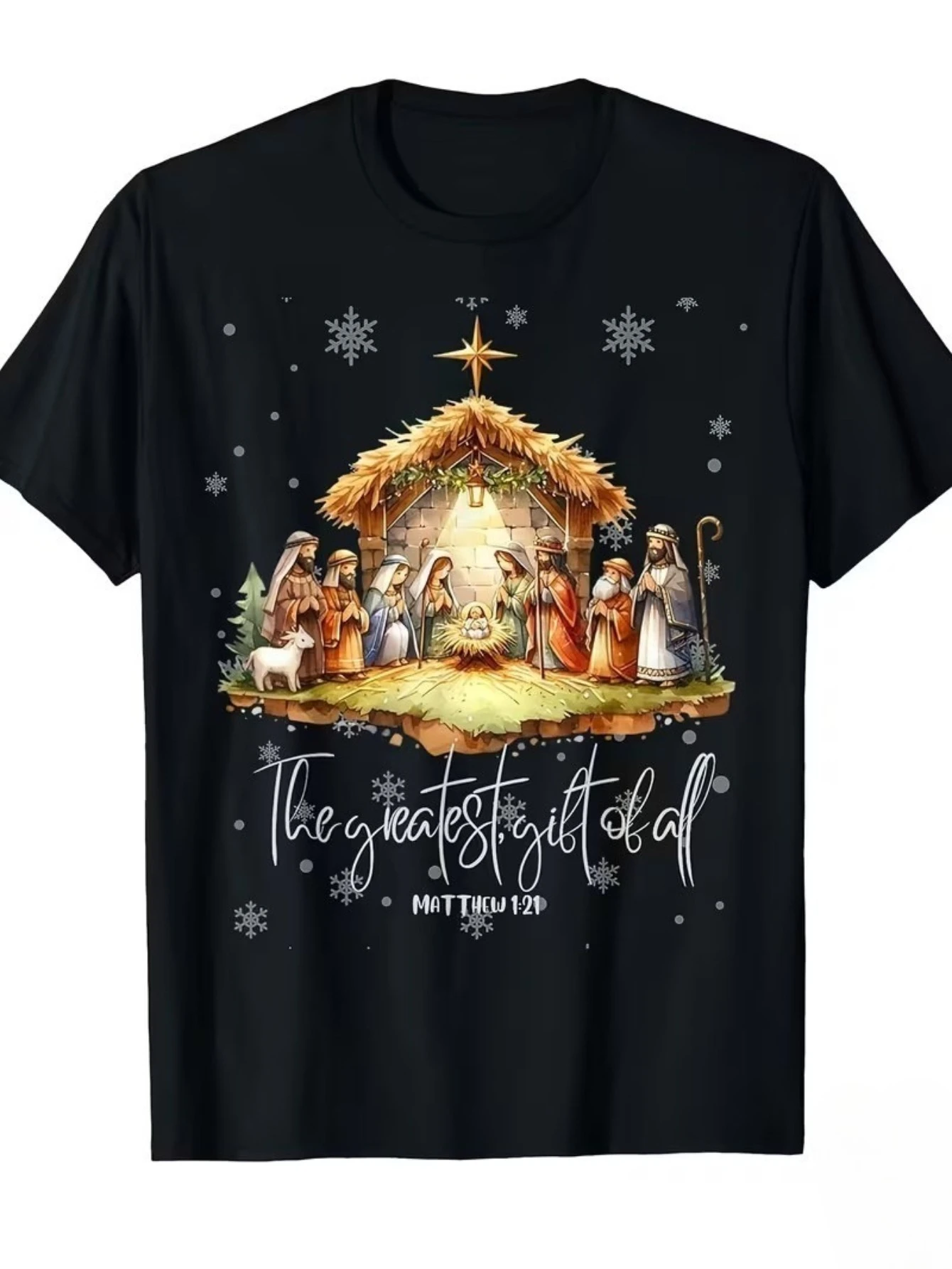 Ultimate Christmas Nativity Scene Christian T-Shirt, Casual Crew Neck Short Sleeve Shirt, Soft Material, Fashion Top for All Seasons, Slightly Elastic, Regular Version, Suitable for All Body Types