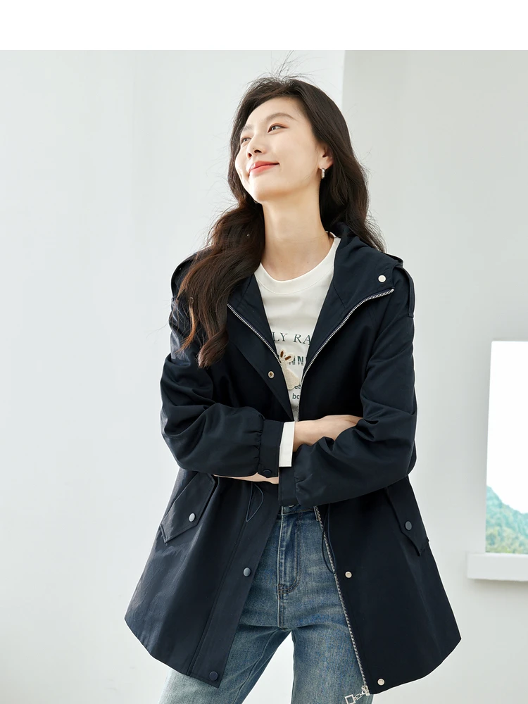 VIMLY Drawstring Waisted Long Trench Coat for Women 2023 Autumn New Cotton Blend Hooded Zipper Casual Jacket Coat Outwear M2817