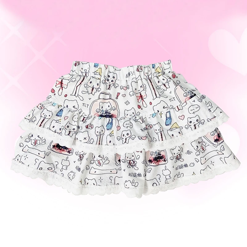 Cartoon Printed Cake Dress Female Summer Bow Lace Patchwork A Line Layered Lace Short Skirt White Women\'s Lolita Japanese Skirts