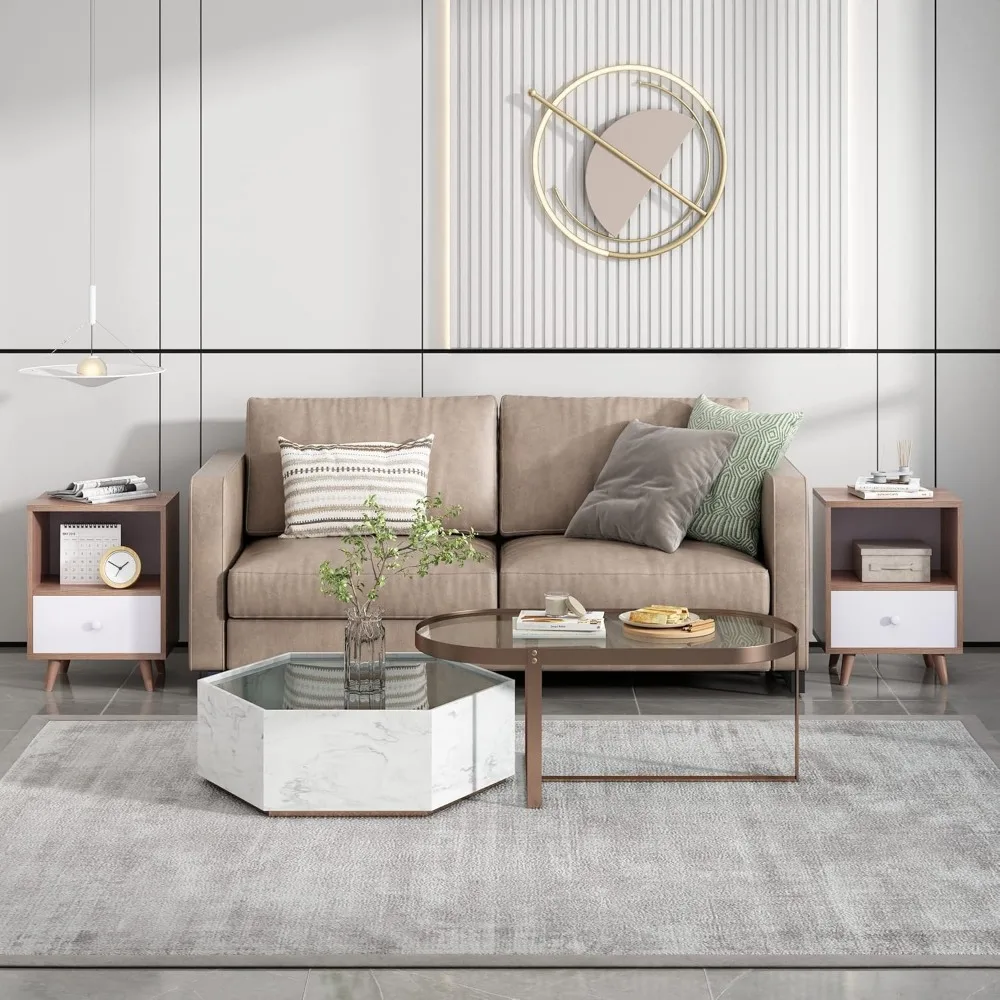 زوج من طاولات النوم الخشبية المعاصرة مع درج ورف مفتوح لغرفة النوم