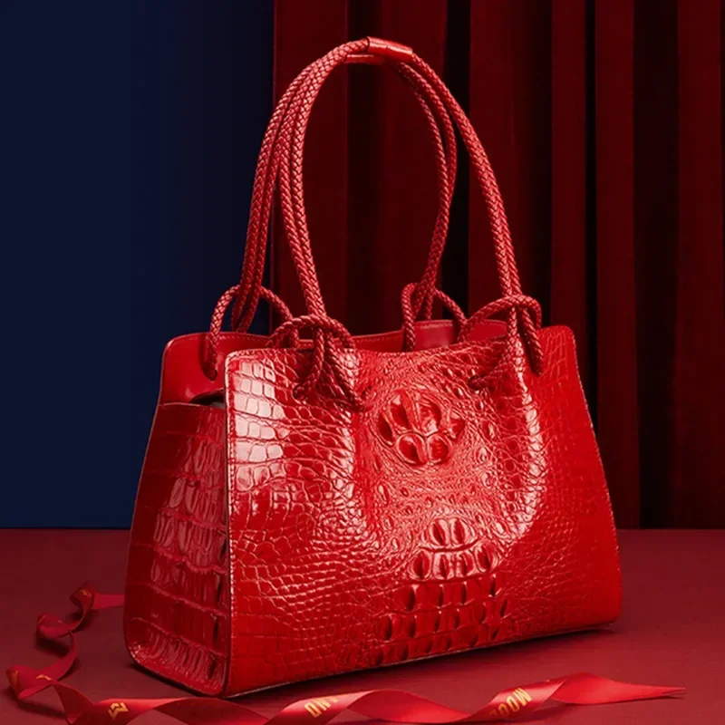 Luxury Genuine Leather Women\'s Bag Red Crocodile Pattern Ladies Handbags Tote Bag Fashion Travel Portable Shoulder Underarm Bags