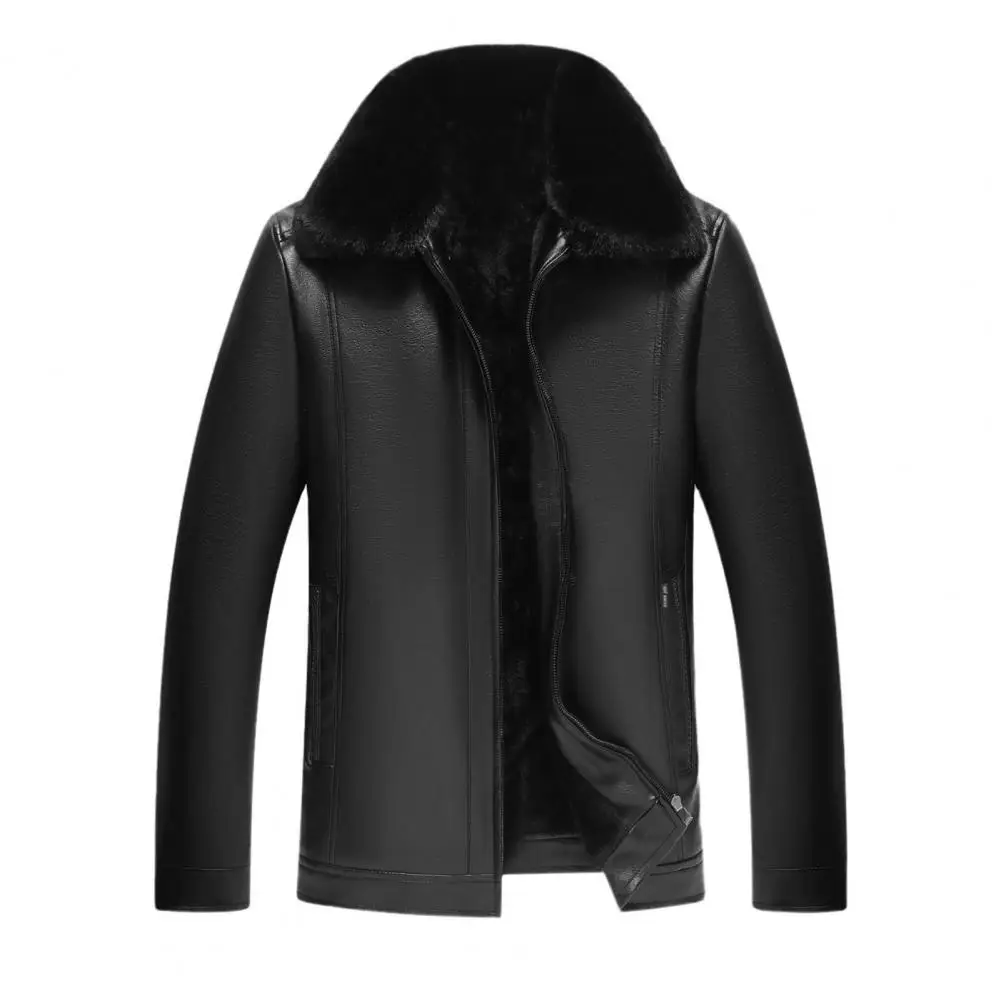 Men's Coat Faux Fur Lapel Long Sleeve Faux Leather Jacket Thick Velvet-lined Windproof Coat Pocket Coat