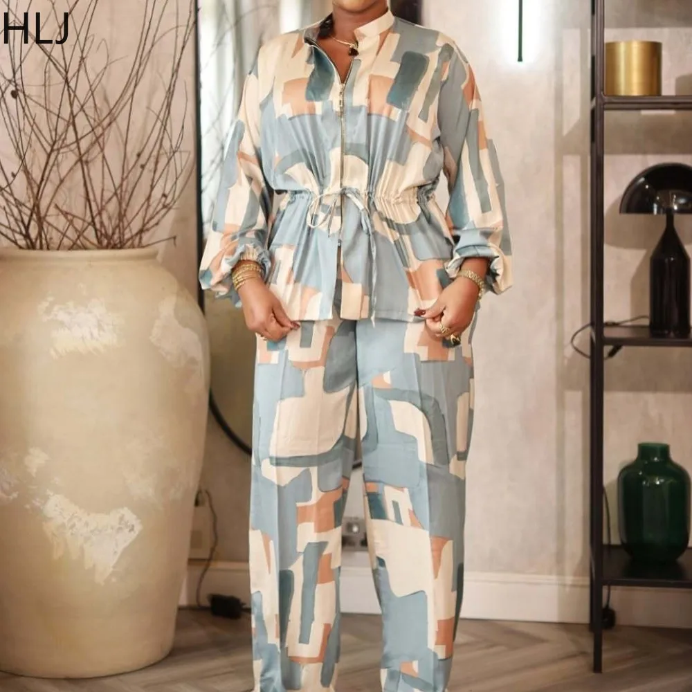 

HLJ Elegant Color Printing 2 Pieces Set for Woman Long Sleeve Zip Drawstring Waist Top and Wide Leg Pants Matching Female Office