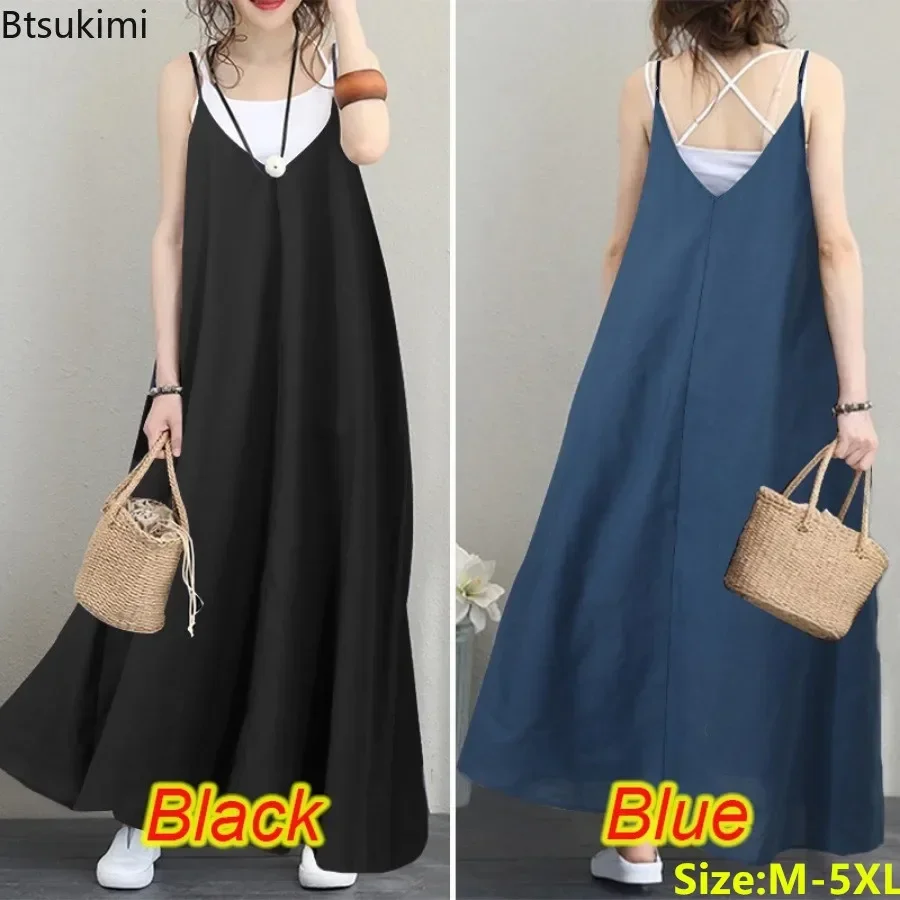 

2025 Summer V-neck Slip Dress for Women Fashion Sweety Long Tank Dress Ladies Sleeveless Backless Sexy Casual Holiday Sundress